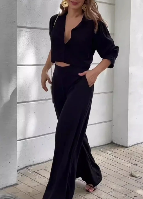 

Women's Urban Fashion Street Suits 2024 Summer Autumn Temperament Long Sleeved Small Suit Short Top Wide Leg Pants Two-Piece Set