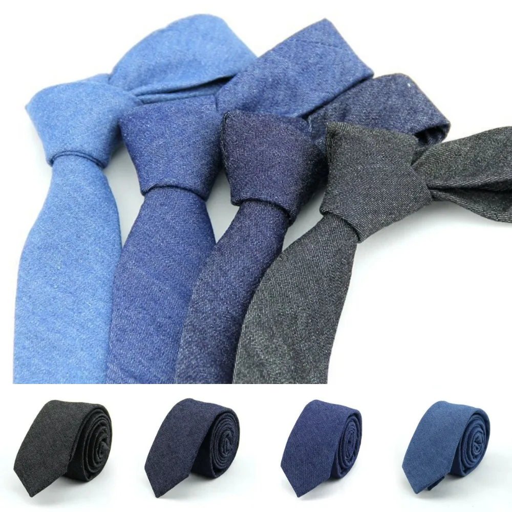 Classic Solid Color Jean Fabric Tie Adjustable Narrow Denim Men Necktie Hand Tied Blue Retro Cravat Shirt
