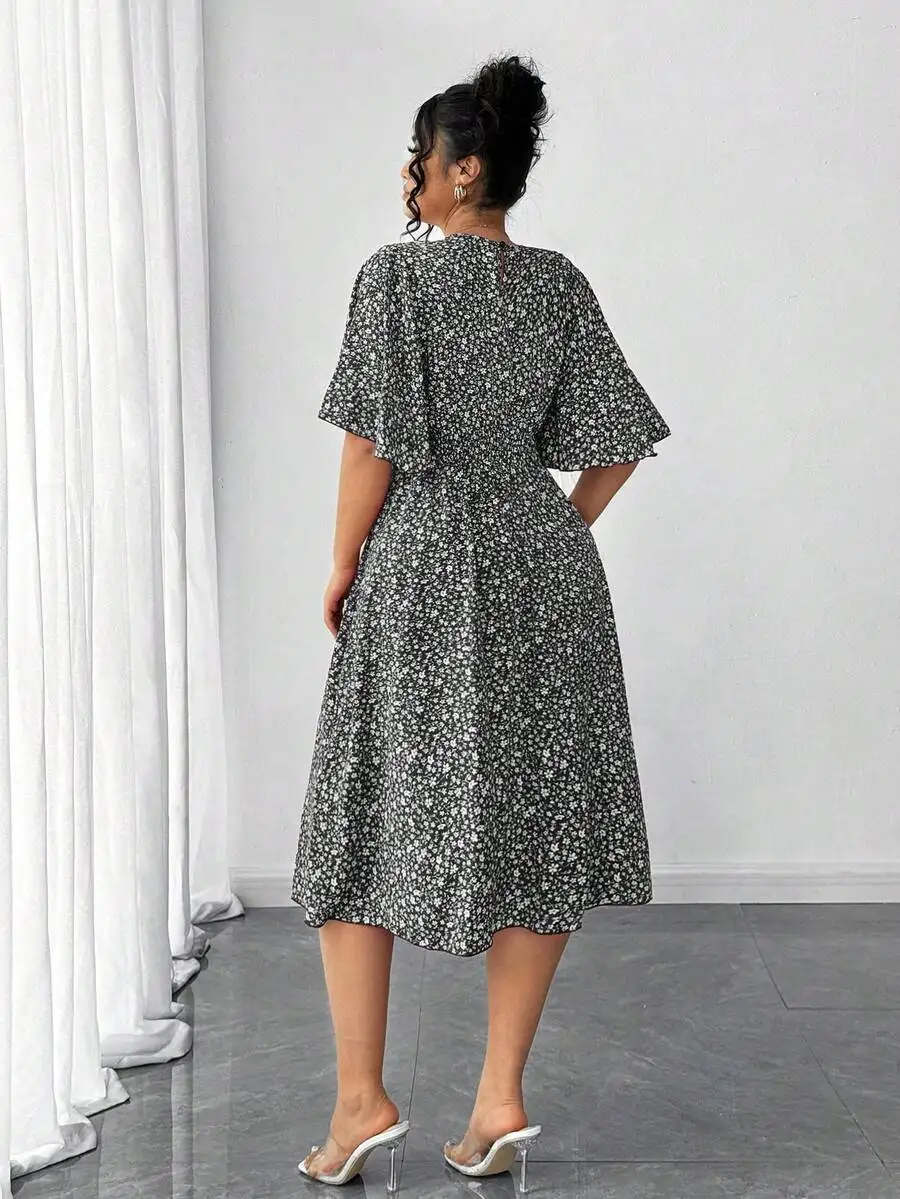 

Ditsy Floral Round Neck Ruffle Sleeve Elastic Waist A-Line Midi Dress For Women