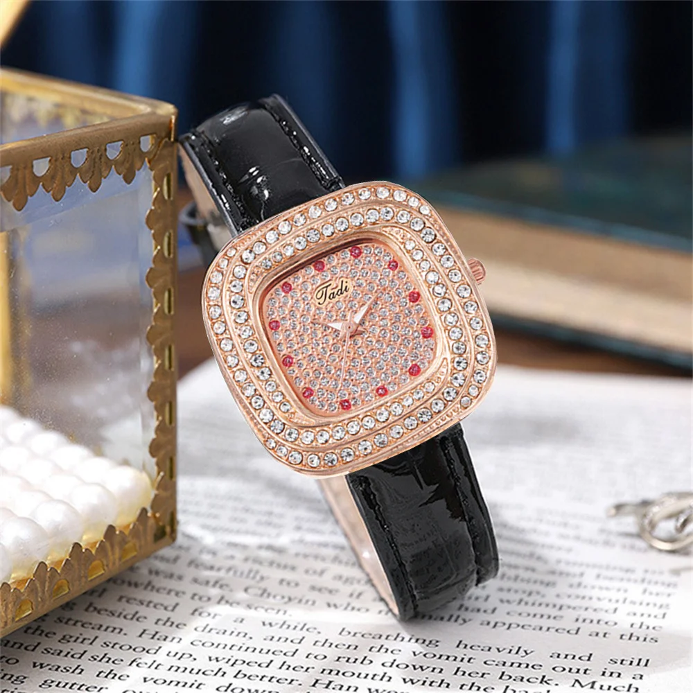 Luxury Ladies Full Star Diamonds Square Quartz Watch Fashion Women\'s Black Leather Business Clock Gift Wristwatch