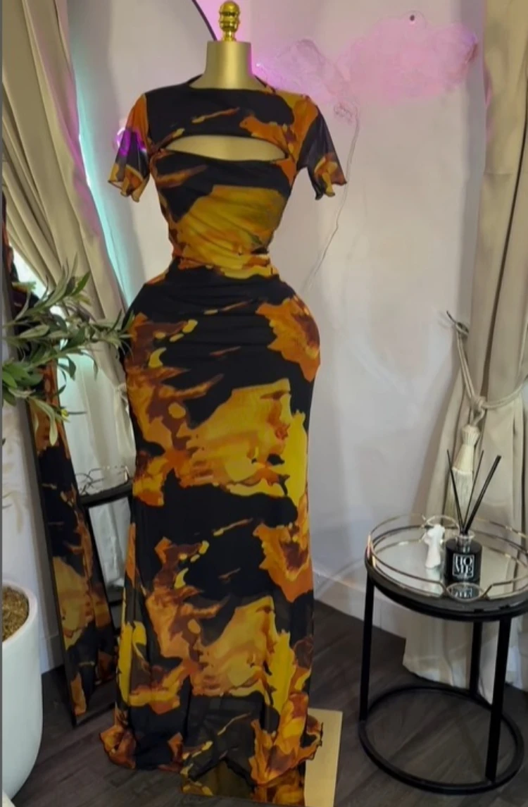 CM.YAYA mujeres Tie Dye manga corta recorte frente cuello redondo Maxi ceñido al cuerpo vestido Midi 2026 fiestas vacaciones Vestidos de calle Vestidos