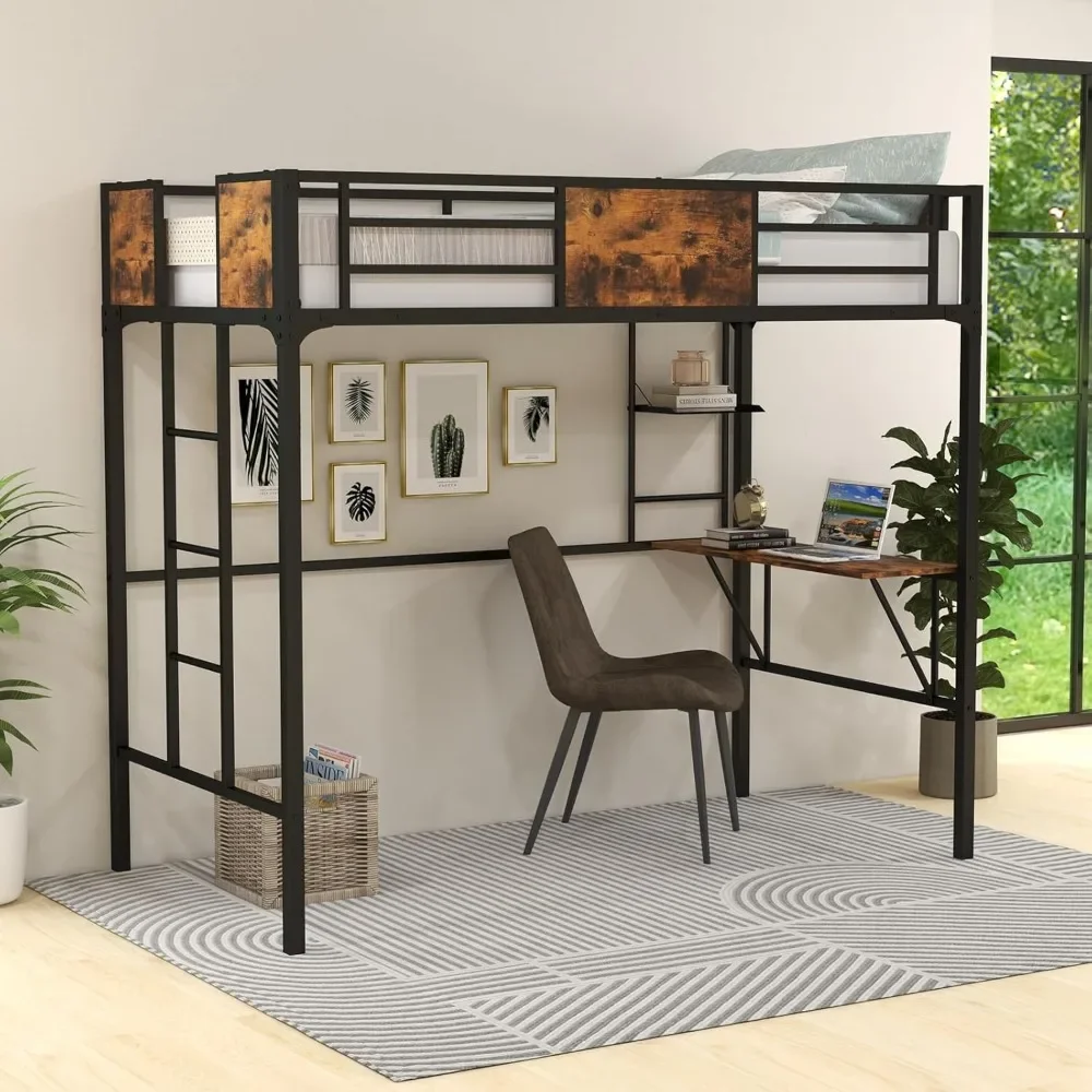 Heavy Duty Loft Bed Frame with Build-in Ladder & Safety Guardrail，Metal Twin Loft Bed with Desk and Storage Shelf