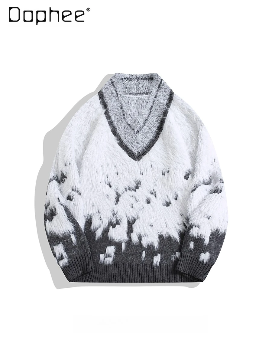 

Осень-зима 2022, новый плюшевый повседневный белый свитер с v-образным вырезом и градиентом, мужской уличный модный свободный повседневный серый трикотаж