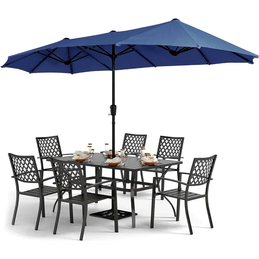 

8 Piece Patio Outdoor Dining Set with 13ft Double-Sided Patio Umbrella,Metal Outdoor Table Furniture Set with 6 Outdoor Stackab