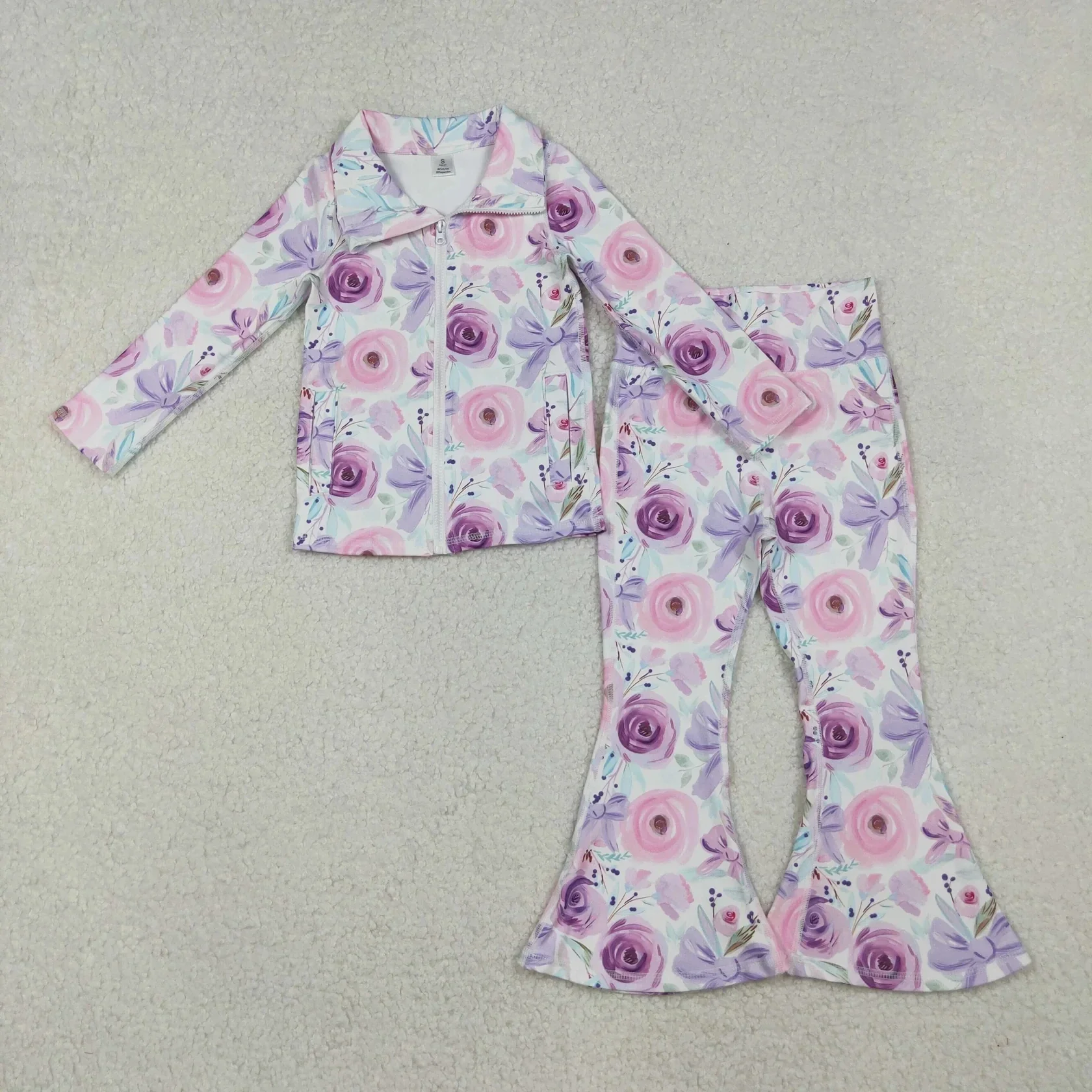 Wholesale Baby Girl Long Sleeves Purple Bows Flower Cardigan Zipper Shirt Kids Pants Yoga Outfit Toddler Children Sportswear Set