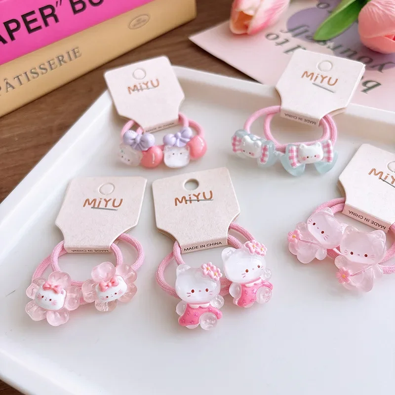 2pcs/set Pink Color Girl Hair Ring for Kids Cute Cartoon Kitten Hair Band Fashion Transparent Korean Elastic Hair Band Headwear