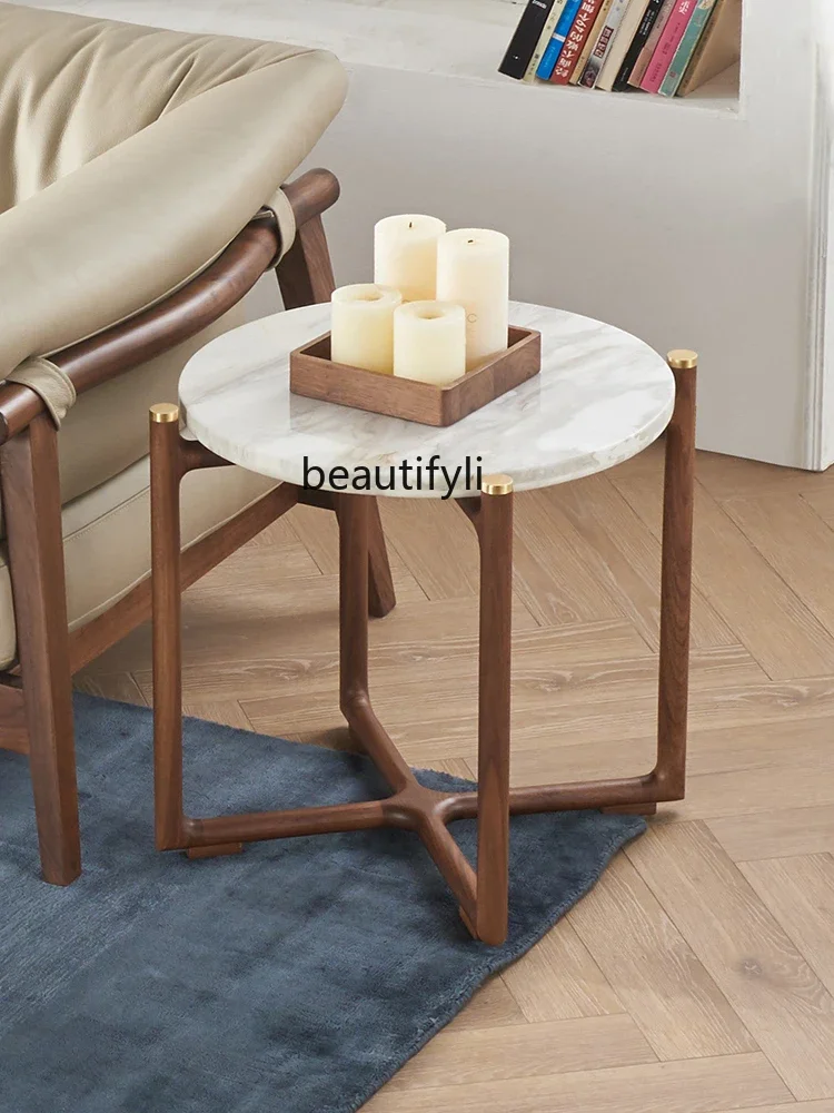 

YH13 Italian Mild Luxury Marble Corner Table Solid Wood Sofa Side Table Small round Side Corner Table Living Room Black Walnut