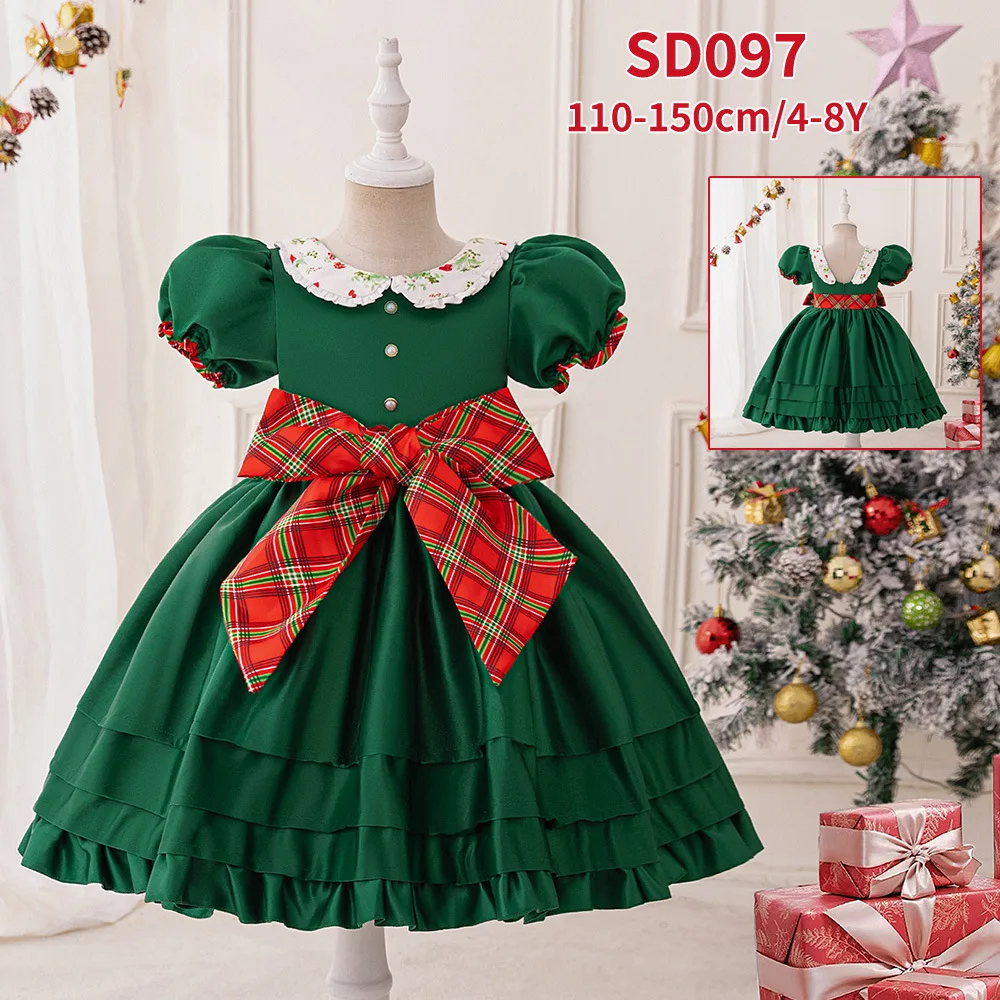 

Girls Green Christmas Dress Festive Holiday Party Gown with Plaid Bowknot Peter Pan Collar Puff Sleeves Christmas Costumes