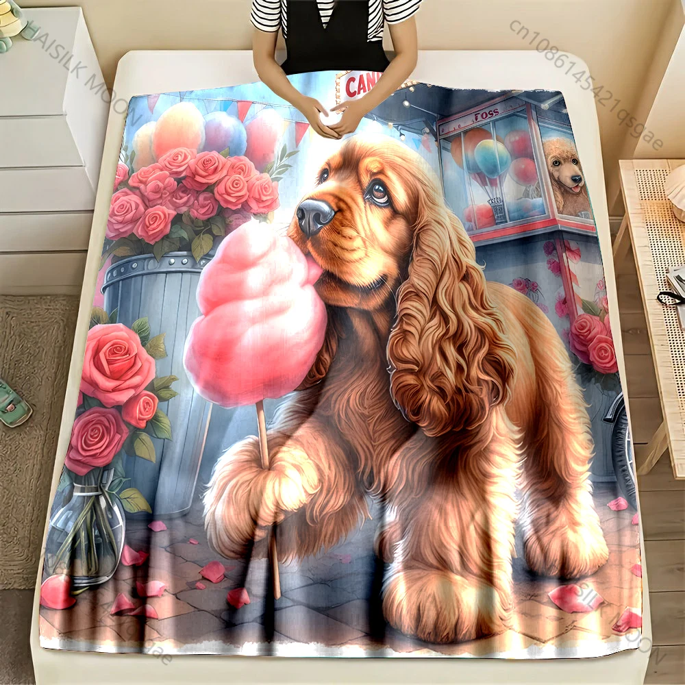 1PC English Cocker Spaniel Eating Marshmallow Blanket Flannel Material Soft Warm for All Seasons, Home Outdoor Camping Picnics