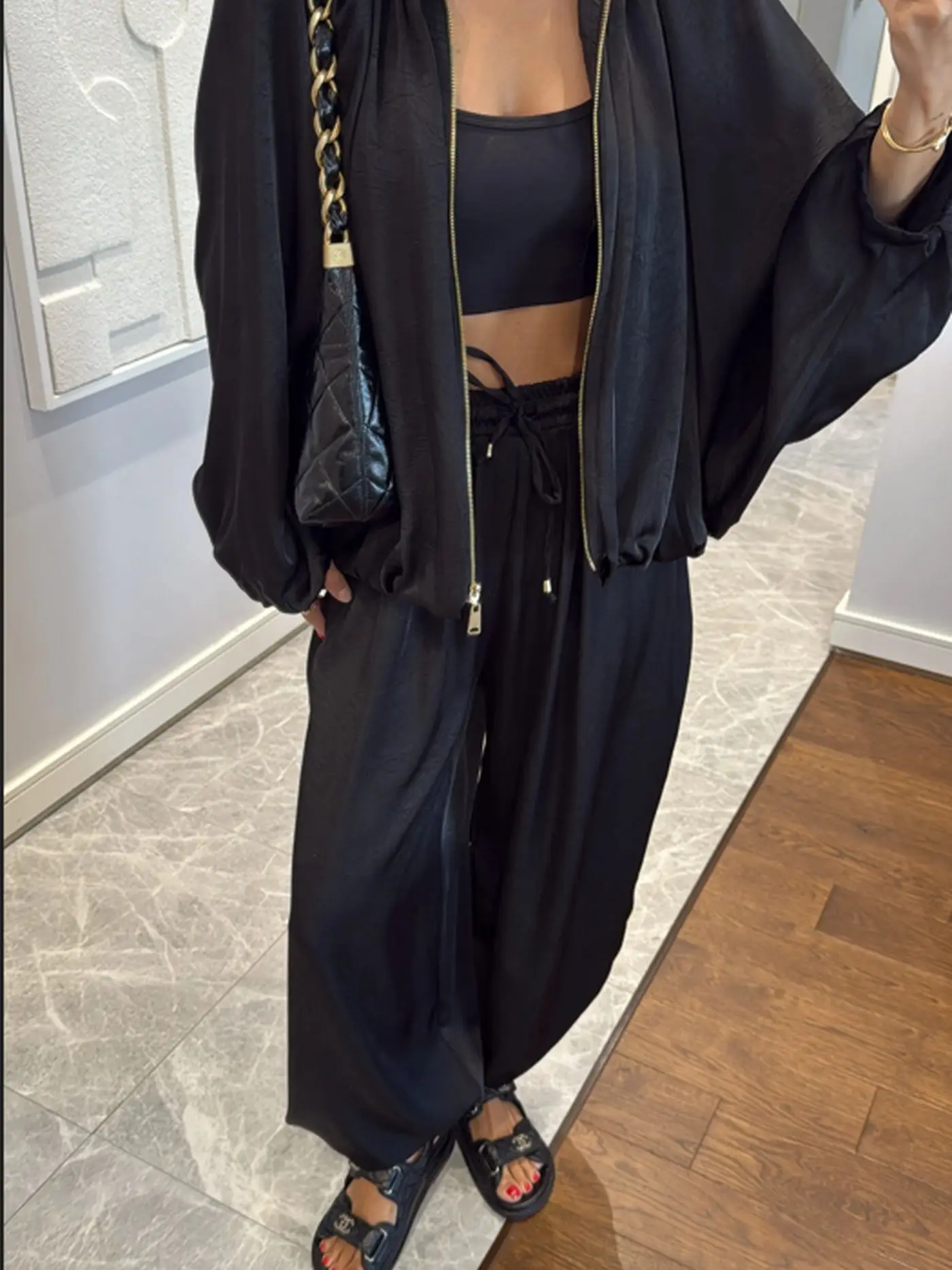 

Satin Zip-Up Jacket & Wide Leg Pants Set Oversized High Waist Loose 2026 Spring Summer Women Vacation Streetwear Suit