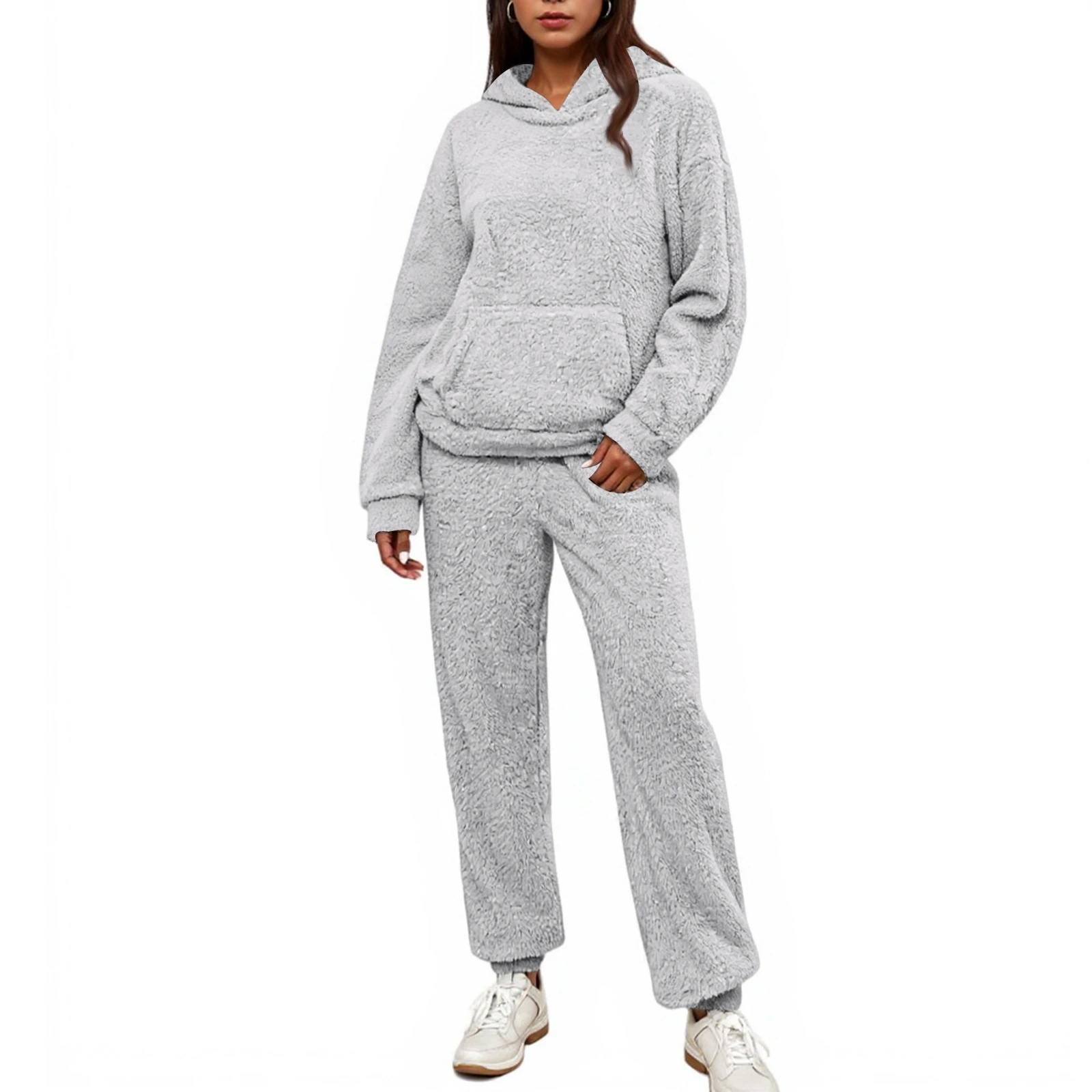 

Women's Autumn Winter Plush Home Clothes Two-piece Set Casual Hooded Sweatshirt Trousers Home Two-piece Suit Female Pajama Sets