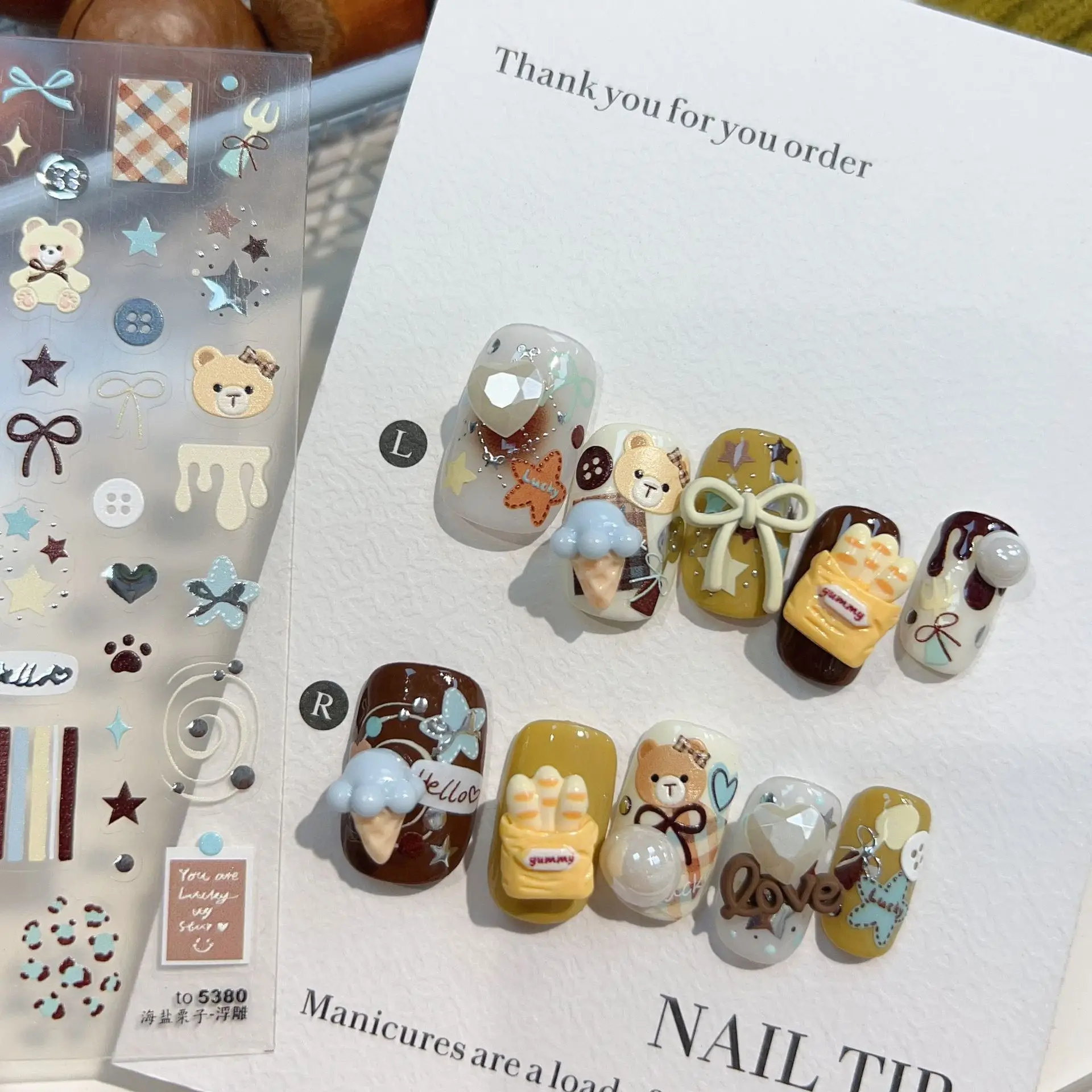 Nail Art Stickers Embossed Colorful Cute Winter Christmas Dessert Adhesive Decals Lightweight DIY Manicure Decoration Holiday