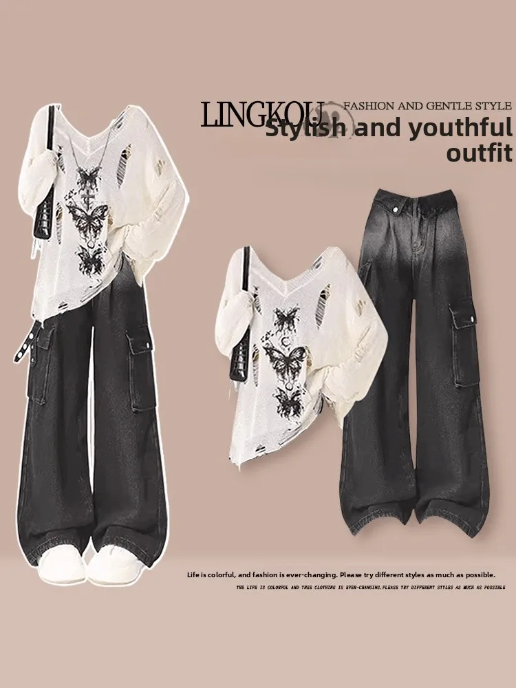 

Retro Knitted Denim Cover up Set Women's Summer Casual Long Sleeve T-Shirt with High Waist Jeans Three Piece Suit