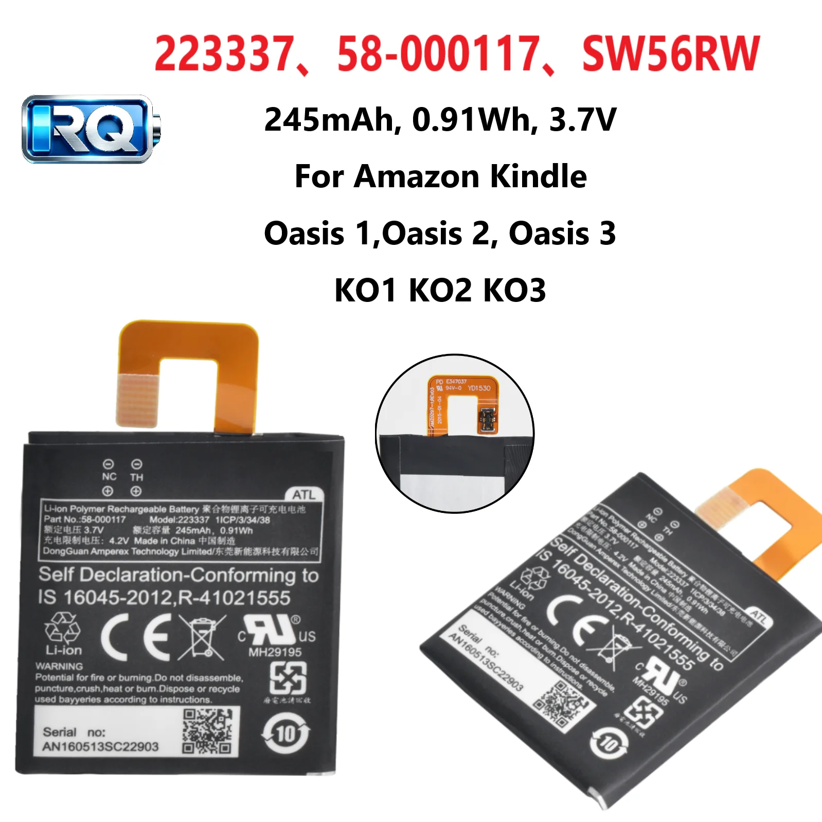 223337 245mAh 3.7V Replacement Ebook Reader Battery for Amazon Kindle Oasis KO1 KO2 KO3 E-Reader 58-000117 SW56RW