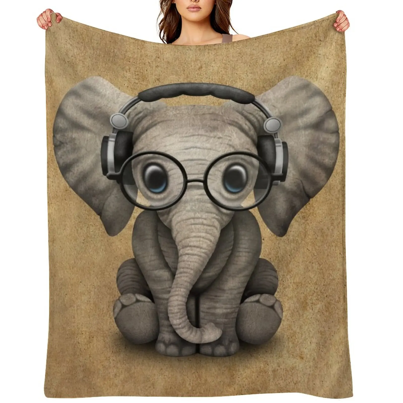 

Cute Baby Elephant Dj Wearing Headphones and Glasses Throw Blanket Polar Beach Sofa Throw anime Blankets