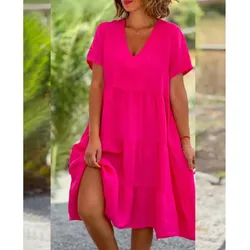 2024 Casual Loose Cotton And Linen Vestido 2024 Summer New Women's Fresh And Sweet V-neck Solid Large Swing Casual Dresses 5XL