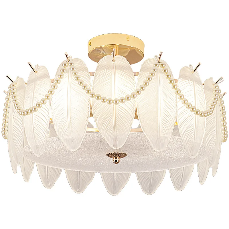 Light luxury ceiling  bedroom,  cream wind pearl feather restaurant, lamp household princess room  LED