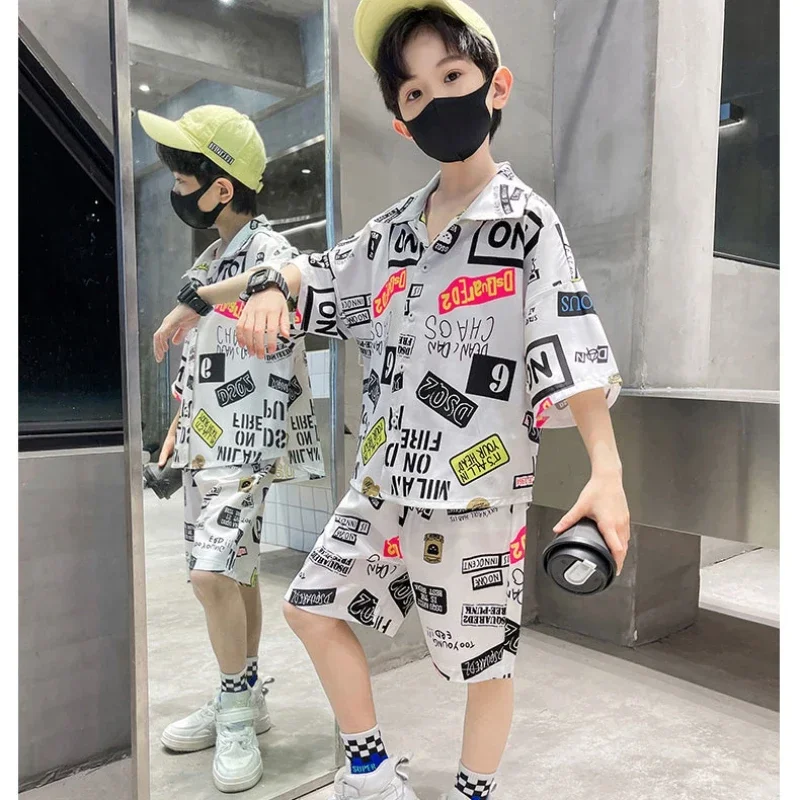 Summer Teenage Boy Clothes Set Children Fashion Single Breasted Short Sleeve Shirt Top and Shorts Bottom 2pcs Suit Beach Wear