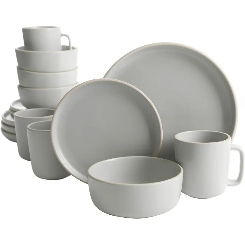 

Gibson Home Zuma 16 Piece Round Kitchen Dinnerware Set, Dishes, Plates, Bowls, Mugs, Service for 4, Matte Stoneware, Light Grey