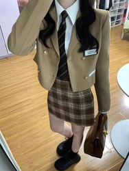 Preppy Style Elegant 3 Piece Set Women White Solid Shirt + Retro Coat +plaid Skirt Set Korea Chic Jk Slim Mini Skirt Suit Autumn