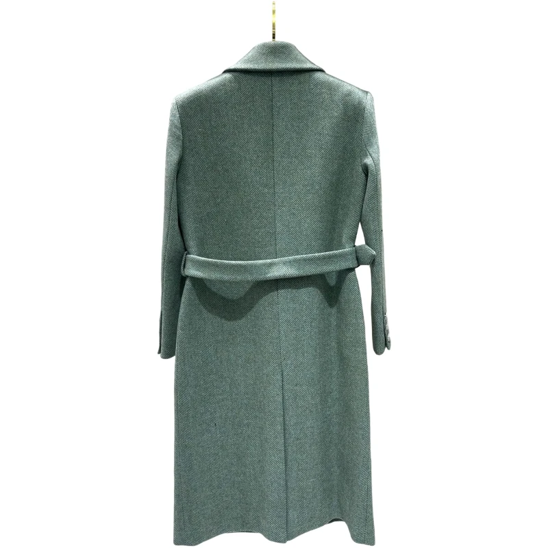 High-end women's autumn and winter new four-pocket diamond decorative green herringbone coat real wool  wool coats for women