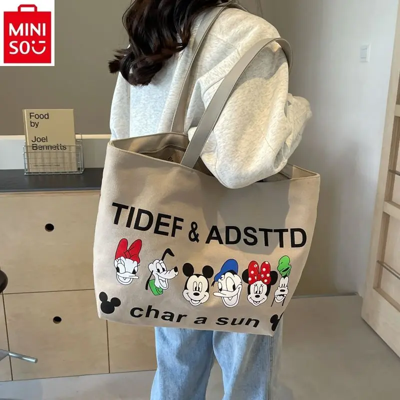 

MINISO Disney Mickey Donald Duck Printed Handbag for Women High Quality Canvas Large Capacity Storage Tote Bag