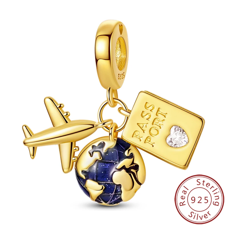 Goud Originele Charm Bead 925 Sterling Zilver Luipaard Kruis Hond Bot Aarde Vliegtuig Charm Fit Armbanden Hanger Vrouwen DIY Sieraden
