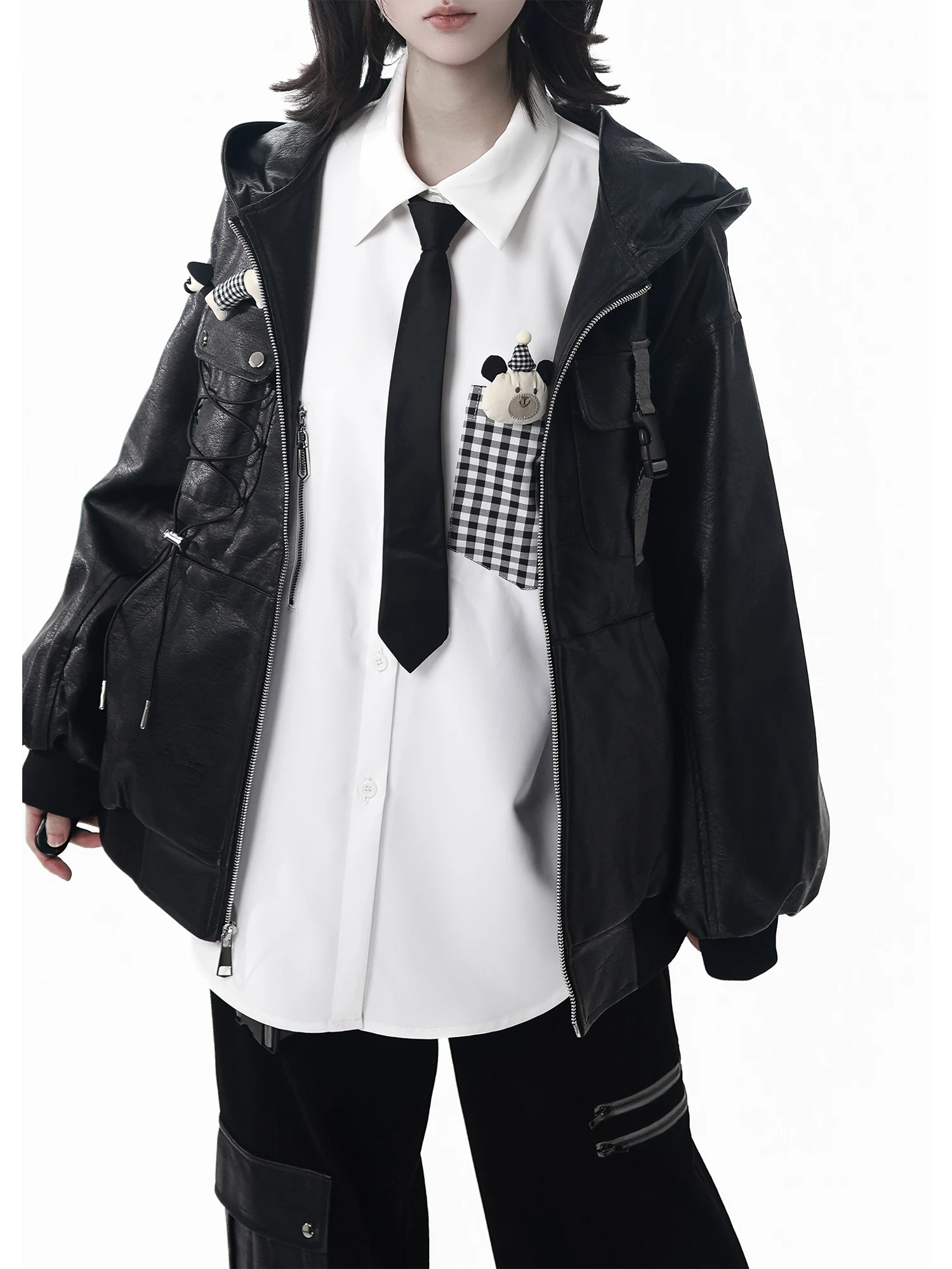 Original Design College Style Student Sweet Cool Pants Set Autumn New Girl's Black Zip Leather Jacket hoodie Skirt Pants Set