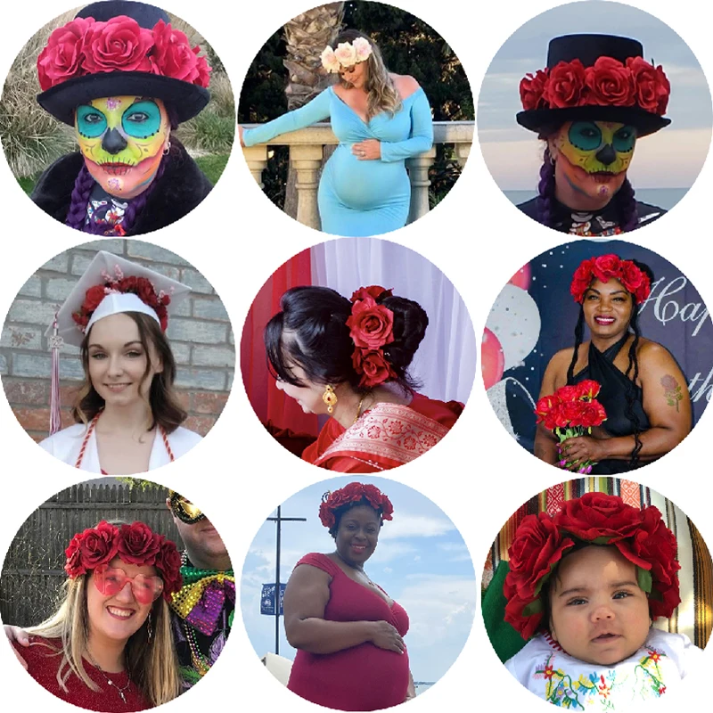 Diademas de Festival de corona de vacaciones de rosa, tocado de flores Hippie, flor de Rosa, diadema de Halo nupcial, accesorios de fotografía