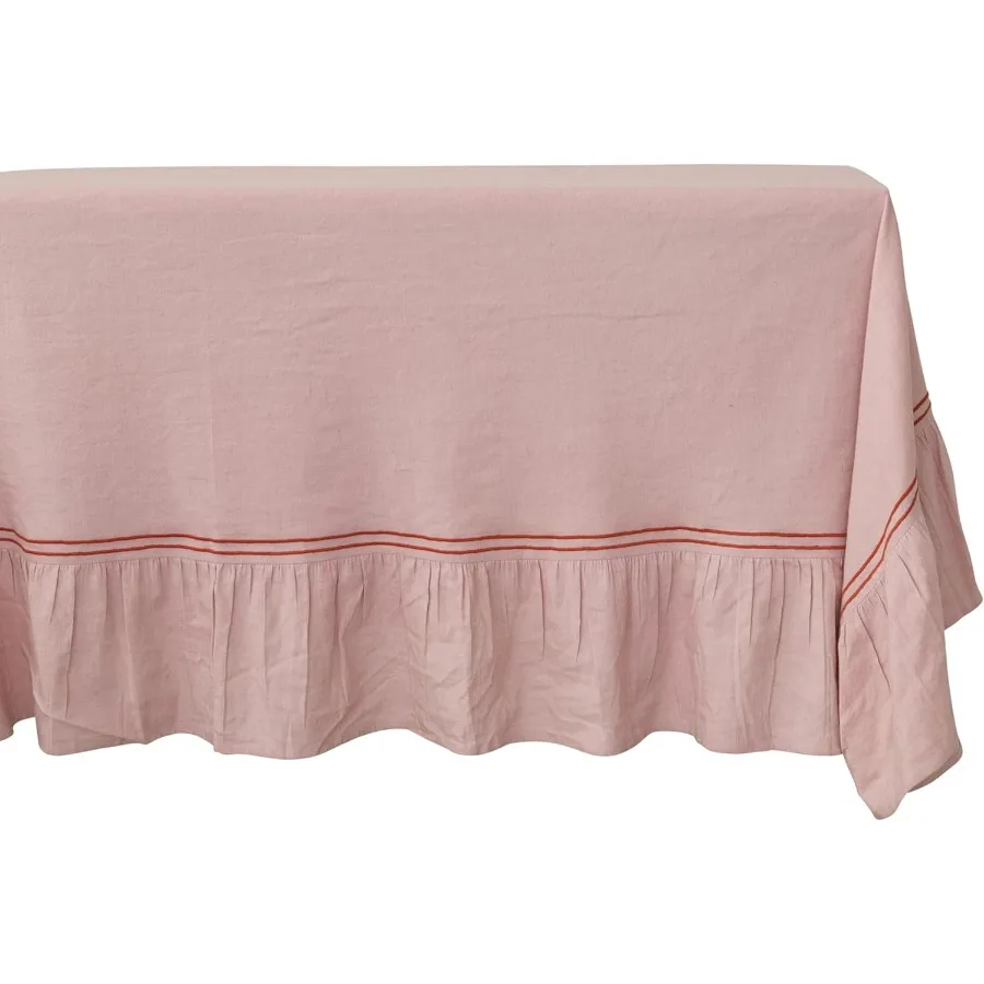 

Cotton and Linen Tablecloth with Embroidered Trim and Ruffled Edge, Pink and Coral Finish