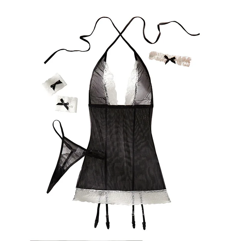 

2026 Fashion New Maid Pajamas Hot Sell Lady Sexy Lace Splicing Mesh Perspective Underwear Female Exotic Apparel Four Piece Set