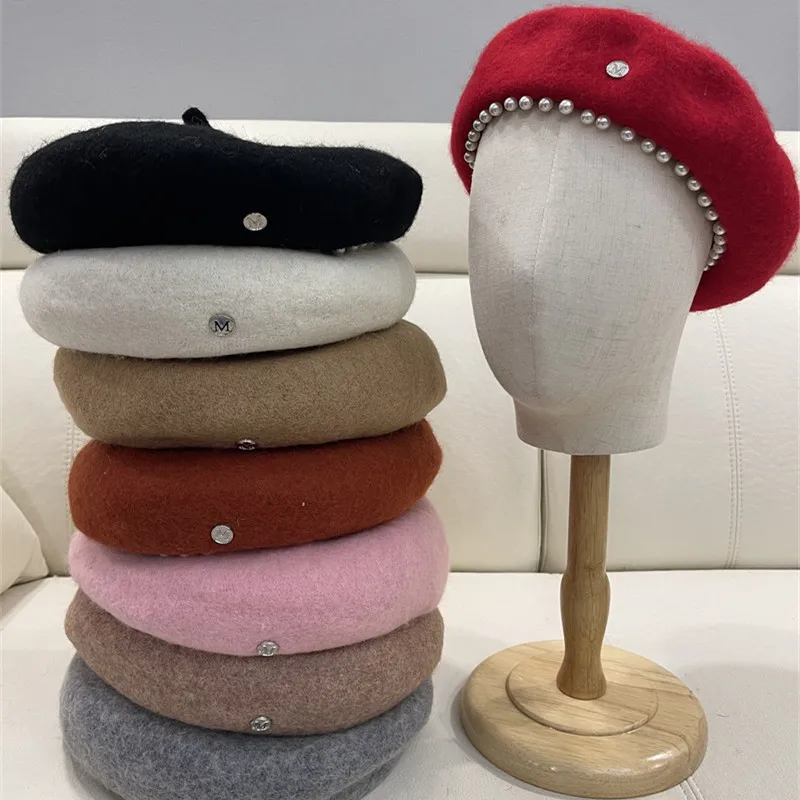 New Autumn Pearl Brim Beret Women Woolen Beanie Retro Literary Temperament Painter Hat French Winter Warm Girls Casual Cap