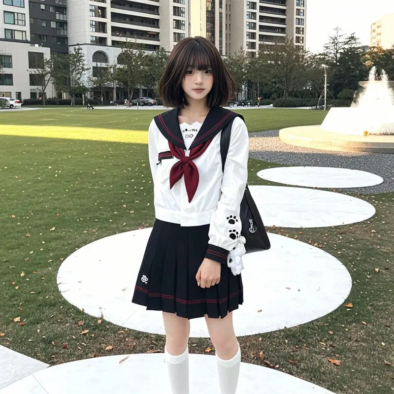 ญี่ปุ่นเกาหลี Campus สไตล์แมวน่ารักชุดกะลาสีเย็บปักถักร้อย JK แขนยาวชุดเครื่องแต่งกาย JK สีดําและสีฟ้า 2-TONE