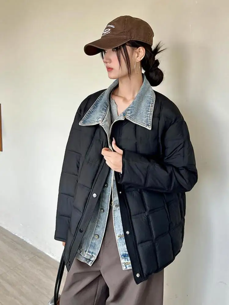 

Korean Women Patchwork Denim Loose Long Sleeved Down Cotton Coat 2025 Winter New Single Breasted Warm Jacket Fashion Streetwear