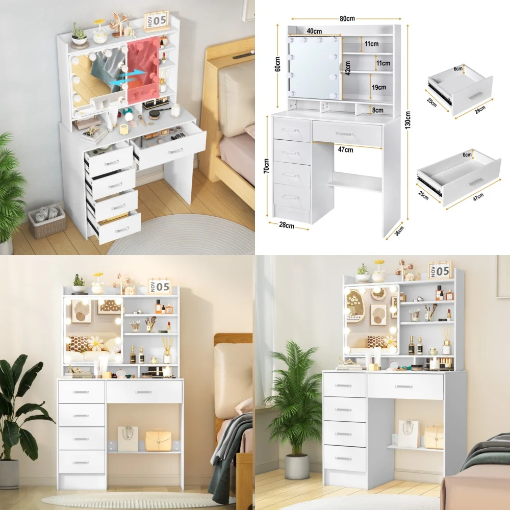 

Makeup Vanities10 LED Illuminated Mirror Vanity Set with 5 Drawers White Makeup Dressing Table