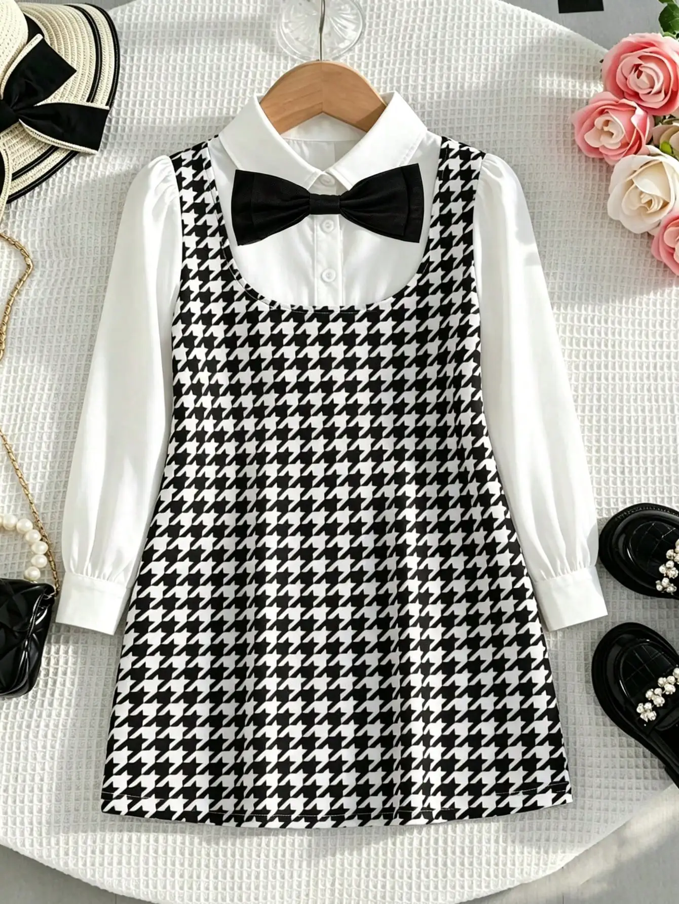 Girls Long Sleeved Shirt Dress with Millennium Grid Suspender Autumn Lapel Button Fake Two-Piece Children's Clothing