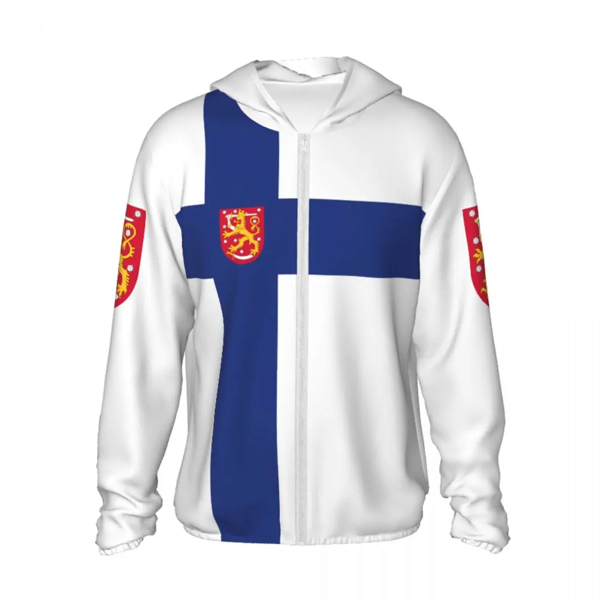 Finland Vlag Polyester Hoodie Zonnebrandcrème Zonbescherming Vissen Hardloopkleding Sneldrogend Prestaties Lange mouw met ritssluiting