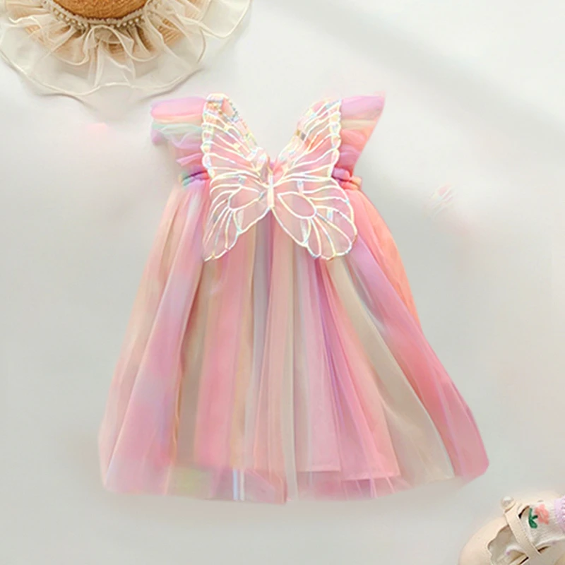 Baby Girls Gradient Rainbow Tulle Sling Dress 3D Butterfly Mesh Vestido Kid Wedding Birthday Party Princess Dresses 1-5Y Infant