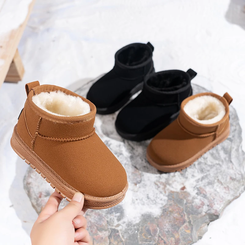 

Kids Ankle Boots with Thick Fur Children Warm Plush Boots Soild Color 2025 Winter New Students Short Boots Round Toes Soft Sole
