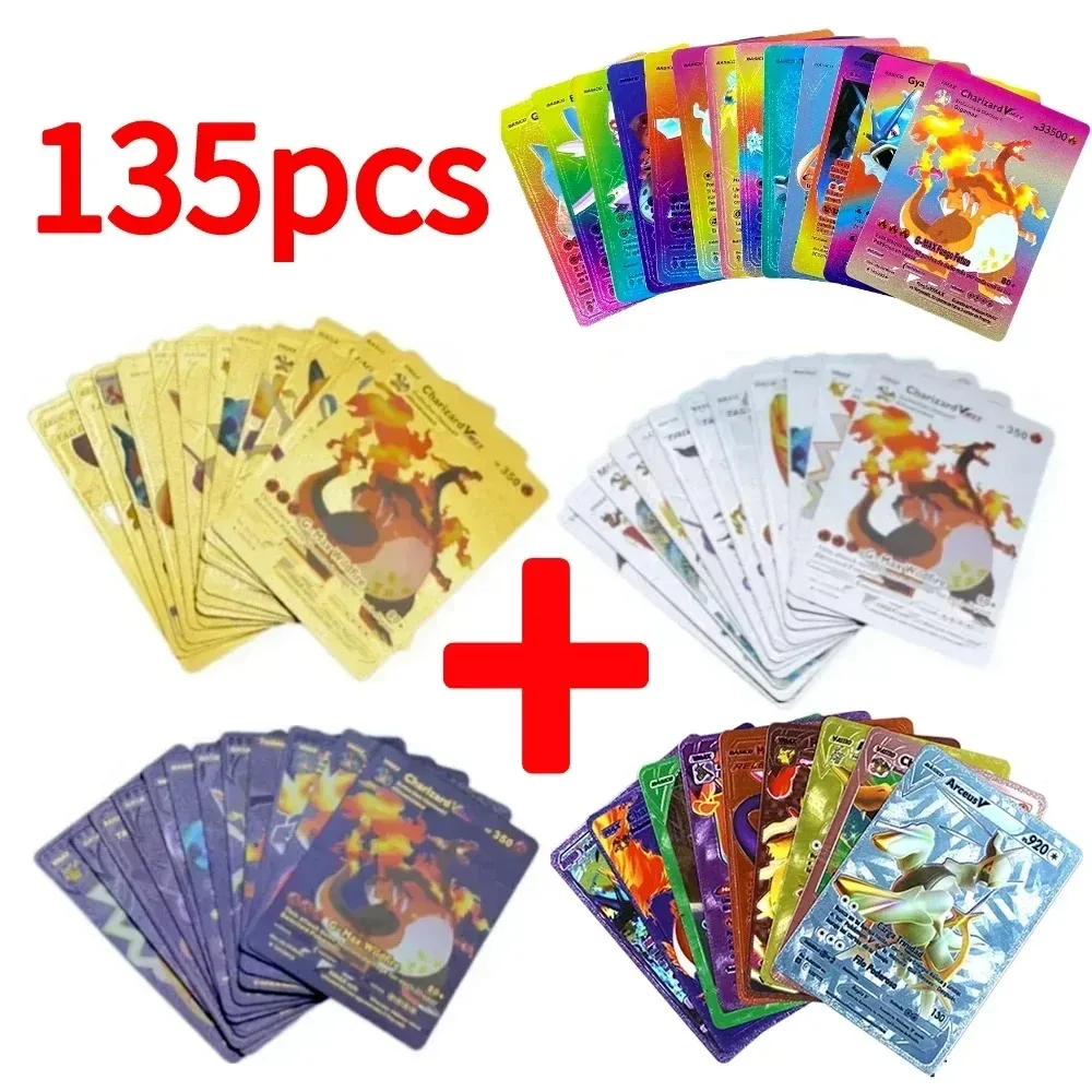 55-135 cartes Pokémon dorées, argentées, noires, espagnoles, anglaises, françaises, allemandes, cartes à jouer Vmax Gx Vstar Pikachu, cartes de jeu colorées