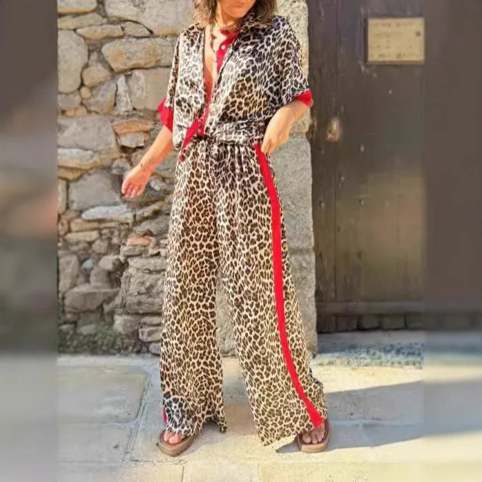 Casual Leopard Print Suit For Women Spring Fashion Contrasting Patchwork Half Sleeved Shirt Elastic Waist Trousers 2 Piece Set