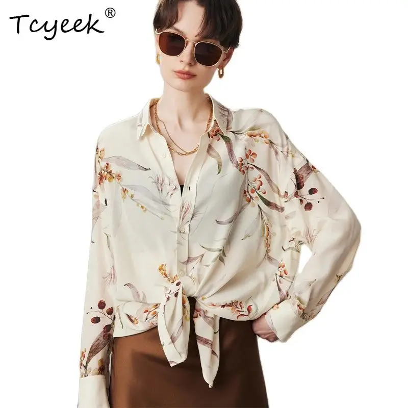 

Tcyeek, 16MM 100%Real Silk Elegant Shirt, Women Long Sleeve Printed, Vacation French Casual Blouse, 2024 Summer Fall T47531QC