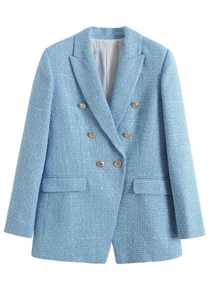 Women Fashion Blue Tweed Blazer Jacket 2022 New Office Lady Double Breasted Pockets Vintage Female Coat Chic Streetwear Traje