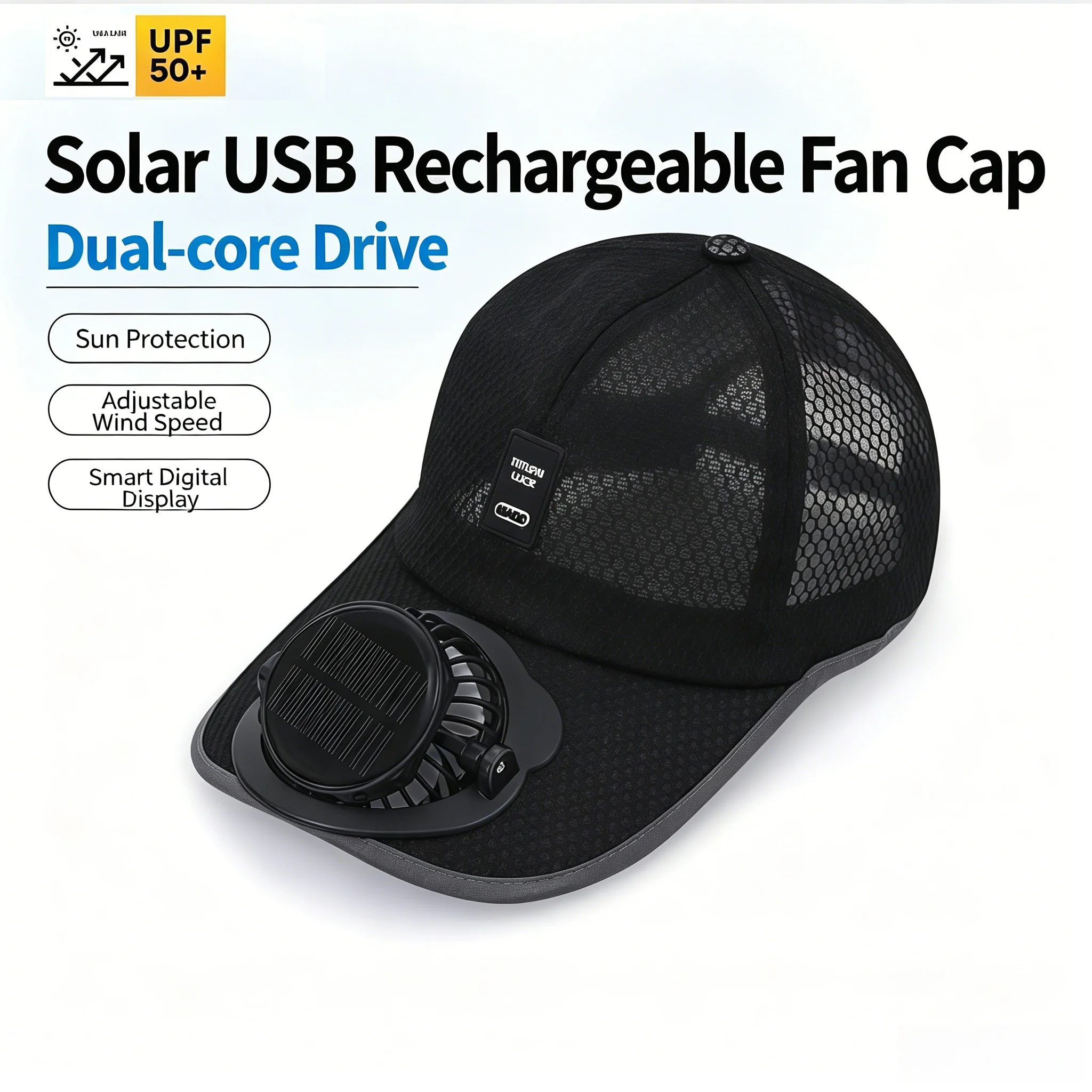 1PC Solar & USB Rechargeable Fan Hat, UPF50+ Sun Protection Baseball Cap with Dual Cooling Fan for Outdoor Activities