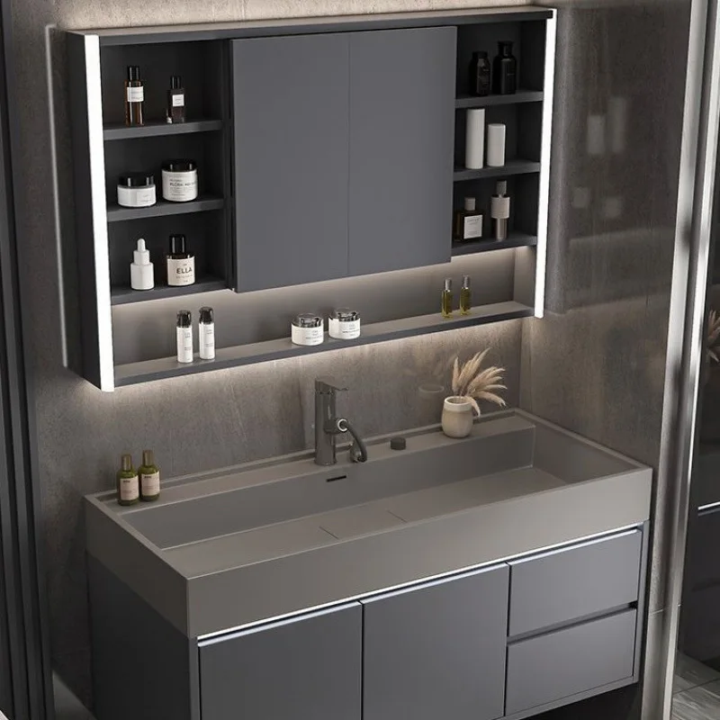 Hidden push-pull feng shui mirror nano rock rock slab seamless integrated washing table combination cabinet