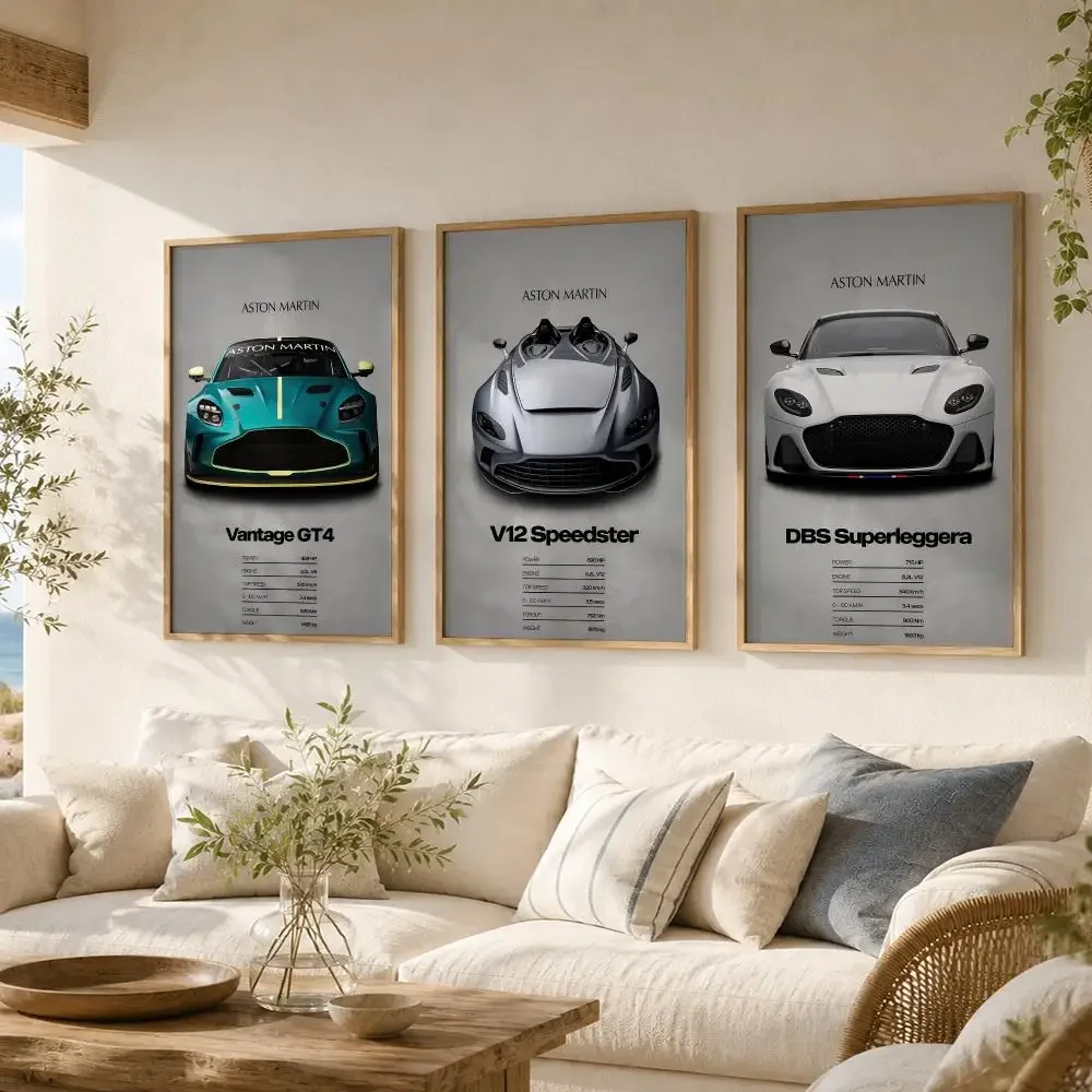 A-Aston Martin Luxury Car Supercar Poster Self Adhesive Wall Stickers Wall Art Decor Painting Decals for Living Room Office Home