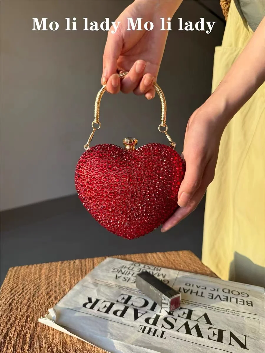 Luxury Heart Shaped Mini Bag Glitter Shiny Diamonds Evening Bag Dinner Party Clutch Purse Women Fashion Handbag Crossbody Bag