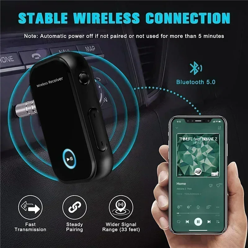 Car Bluetooth 5.0 Audio Adapter Noise Reduction 3.5mm Jack RCA Stereo Wireless Car Audio Receiver with Mic for Amplifier Speaker