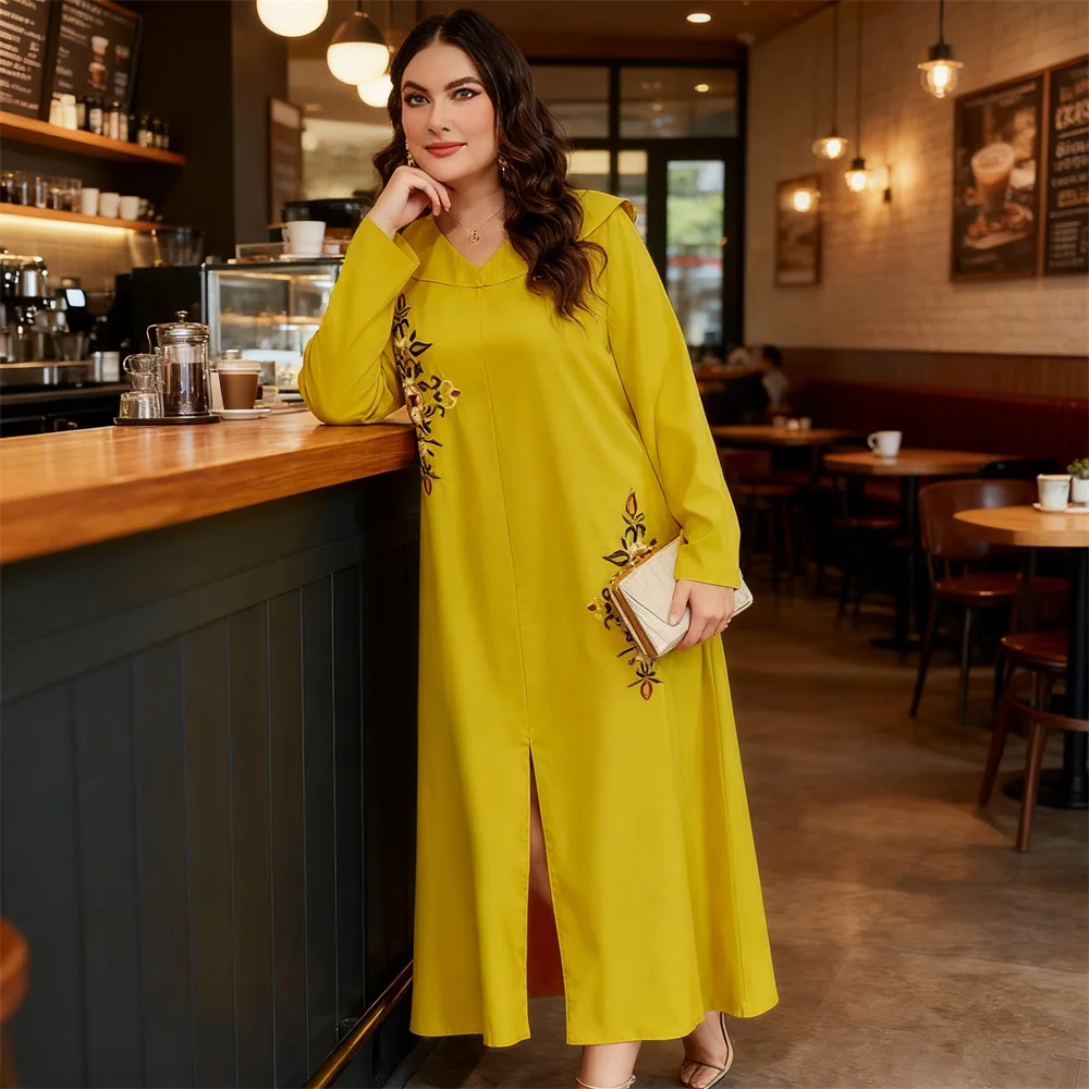 

Плюс размер вышивка кафтан женское мусульманское платье макси с длинным рукавом с разрезом подол Джалабия исламская одежда Дубай Абая халат Рамадан Ид