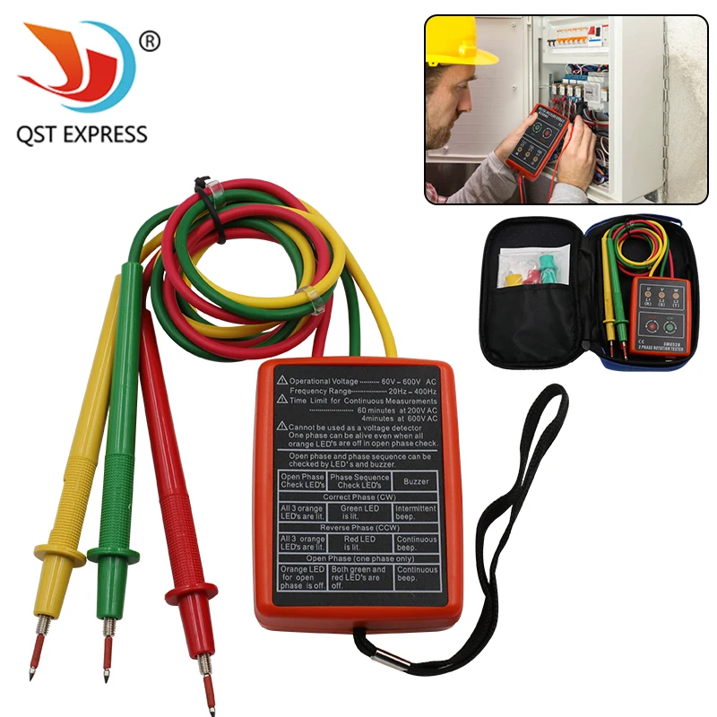 60V-600V AC Three Phase Rotation Indicator Meter Phase Sequence Tester LED Buzzer with Portable Pouch